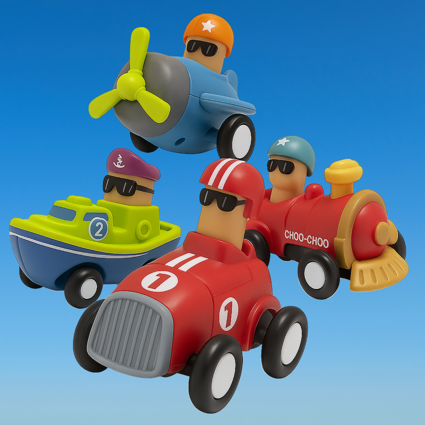 Push and Go Vehicle Toys Set, 4 Pieces with Race Car, Airplane, Boat and Train