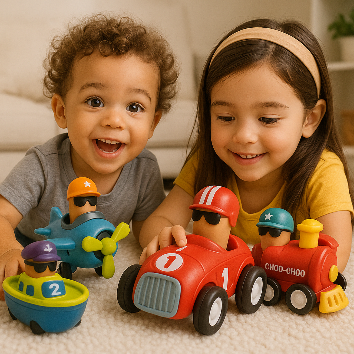 Push and Go Vehicle Toys Set, 4 Pieces with Race Car, Airplane, Boat and Train