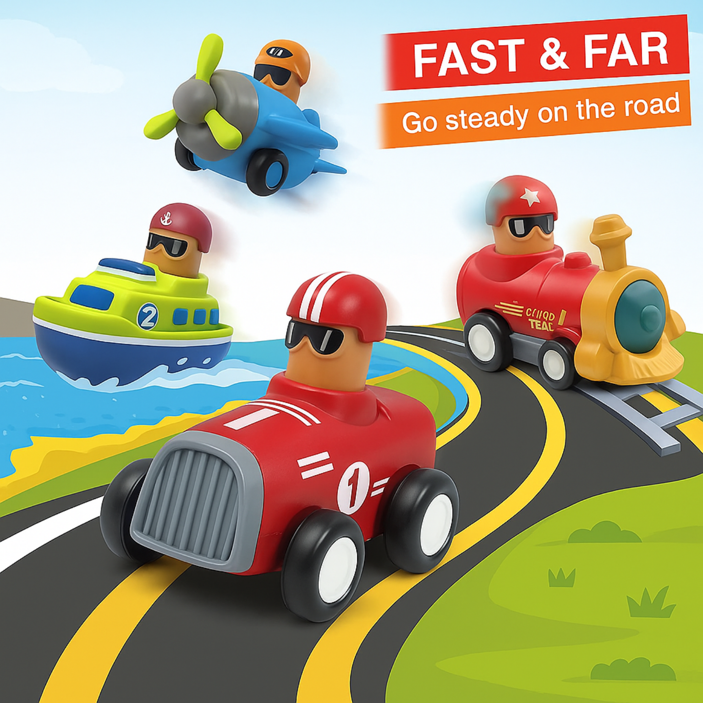Push and Go Vehicle Toys Set, 4 Pieces with Race Car, Airplane, Boat and Train
