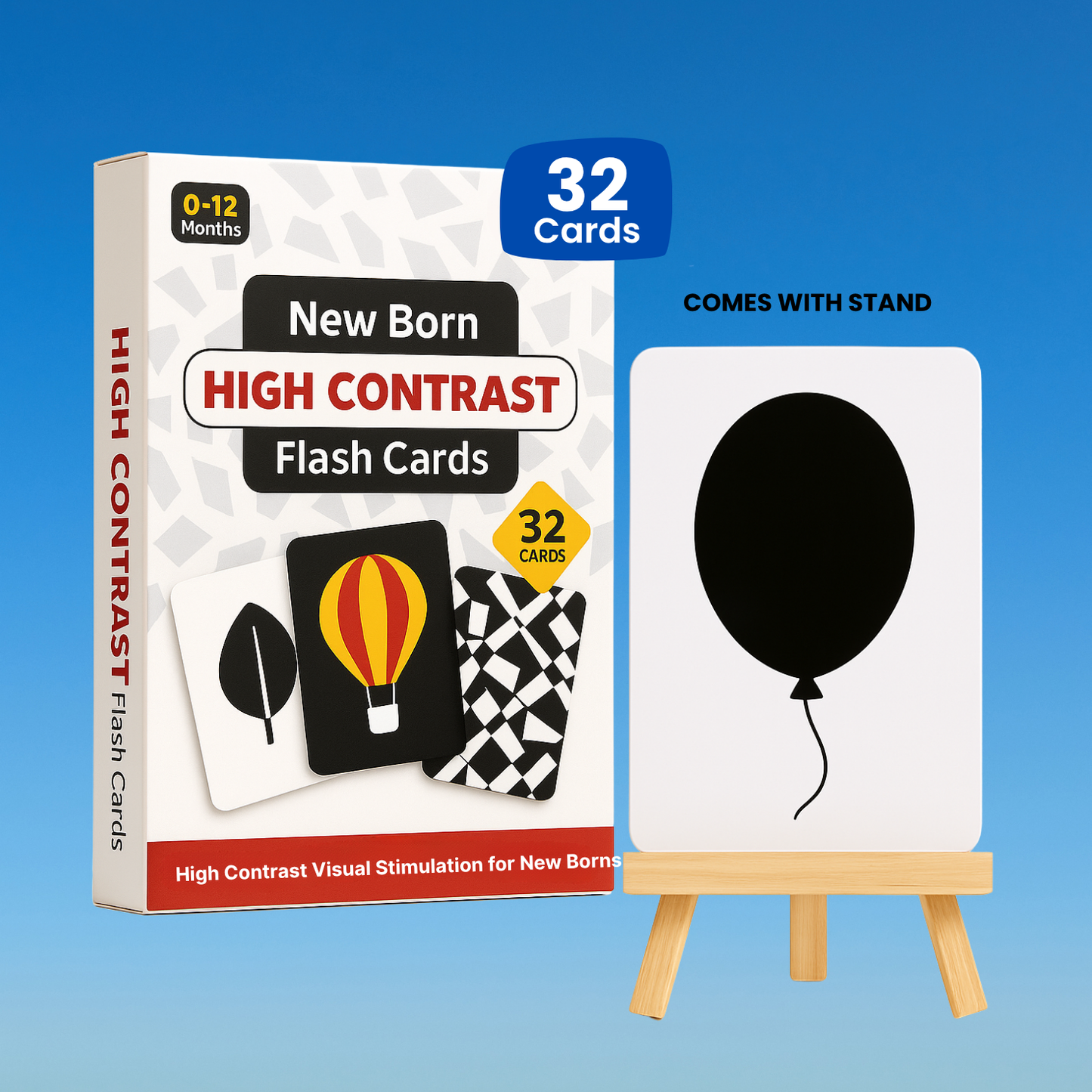 High Contrast Flash Cards for Newborns, 32 Cards with Stand (0-12 Month)