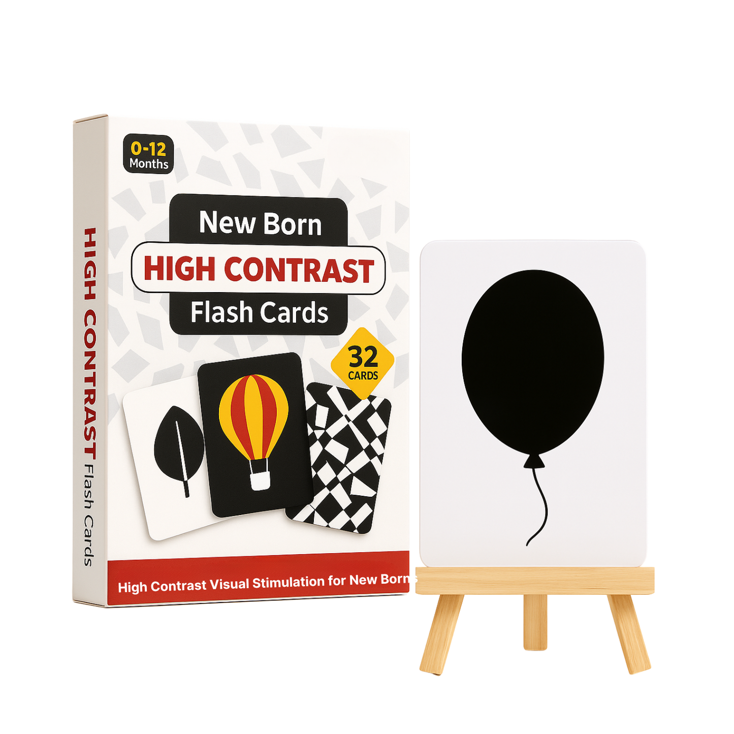 High Contrast Flash Cards for Newborns, 32 Cards with Stand (0-12 Month)