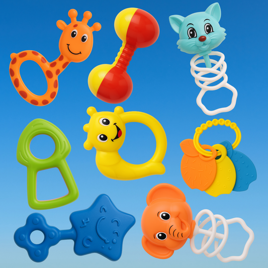 Baby Rattles Set, 8 Pieces, Animal Designs, Non-Toxic Plastic Toys for Infants