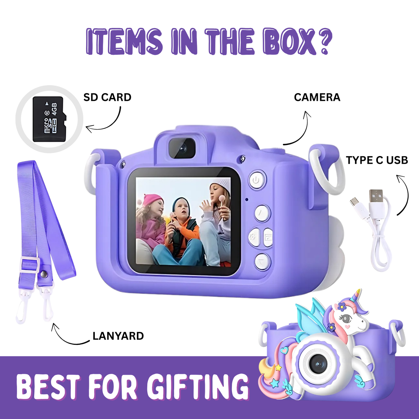 Unicorn 48MP Kids Camera with Video Recorder | For Boys & Girls | Purple & Pink