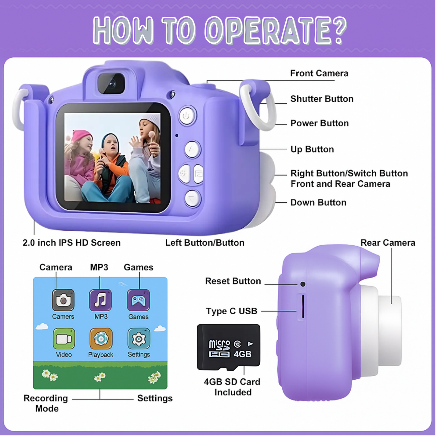 Unicorn 48MP Kids Camera with Video Recorder | For Boys & Girls | Purple & Pink