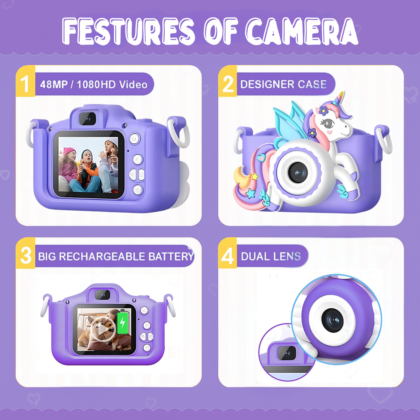 Unicorn 48MP Kids Camera with Video Recorder | For Boys & Girls | Purple & Pink