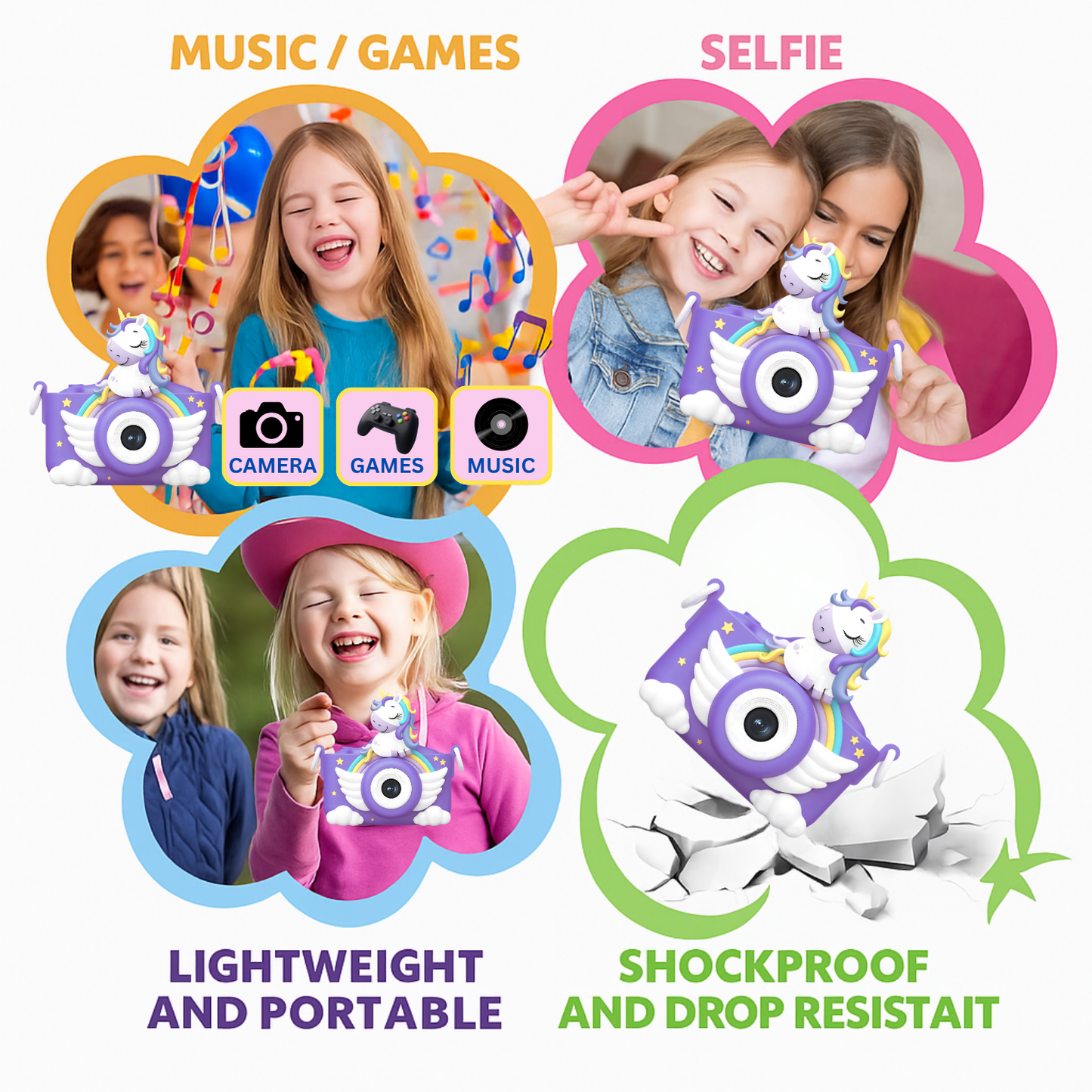 Unicorn 48MP Kids Camera with Video Recorder | For Boys & Girls | Purple & Pink