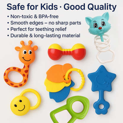 Baby Rattles Set, 8 Pieces, Animal Designs, Non-Toxic Plastic Toys for Infants