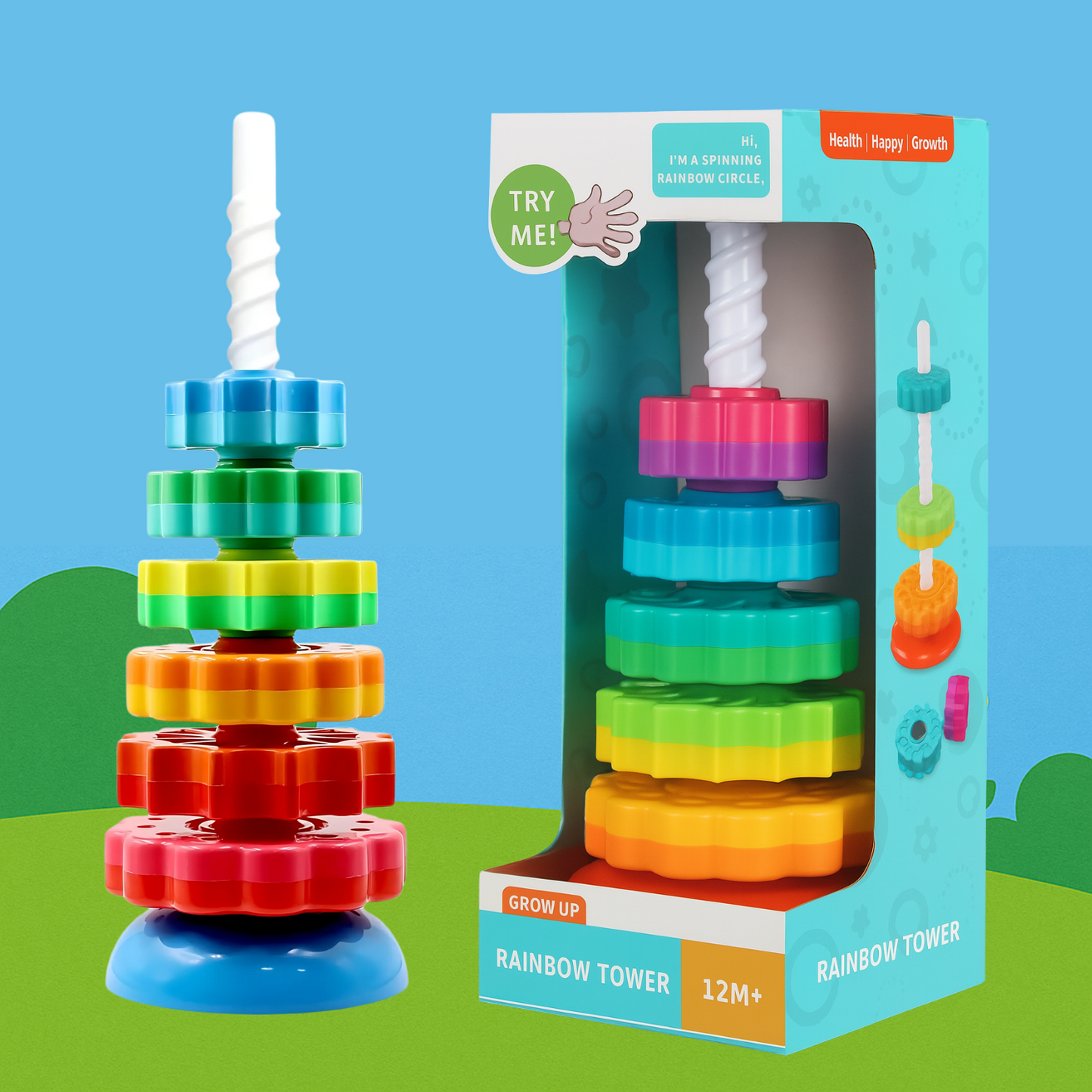 Rainbow Rotating Tower (Stacking Toy) – 41cm Tall, Safe & Sturdy Toy for Toddlers (12M+) Best Quality