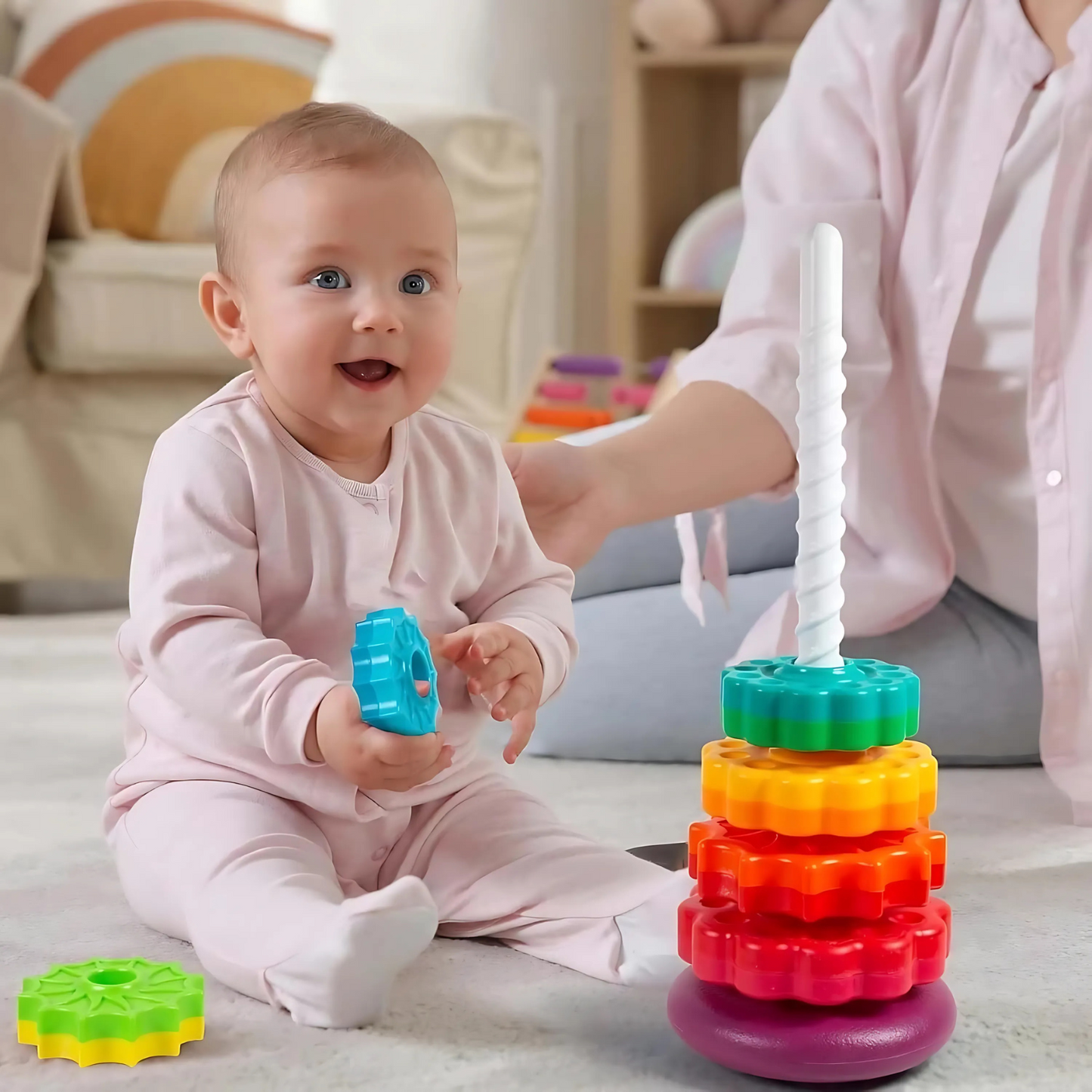 Rainbow Rotating Tower (Stacking Toy) – 41cm Tall, Safe & Sturdy Toy for Toddlers (12M+) Best Quality