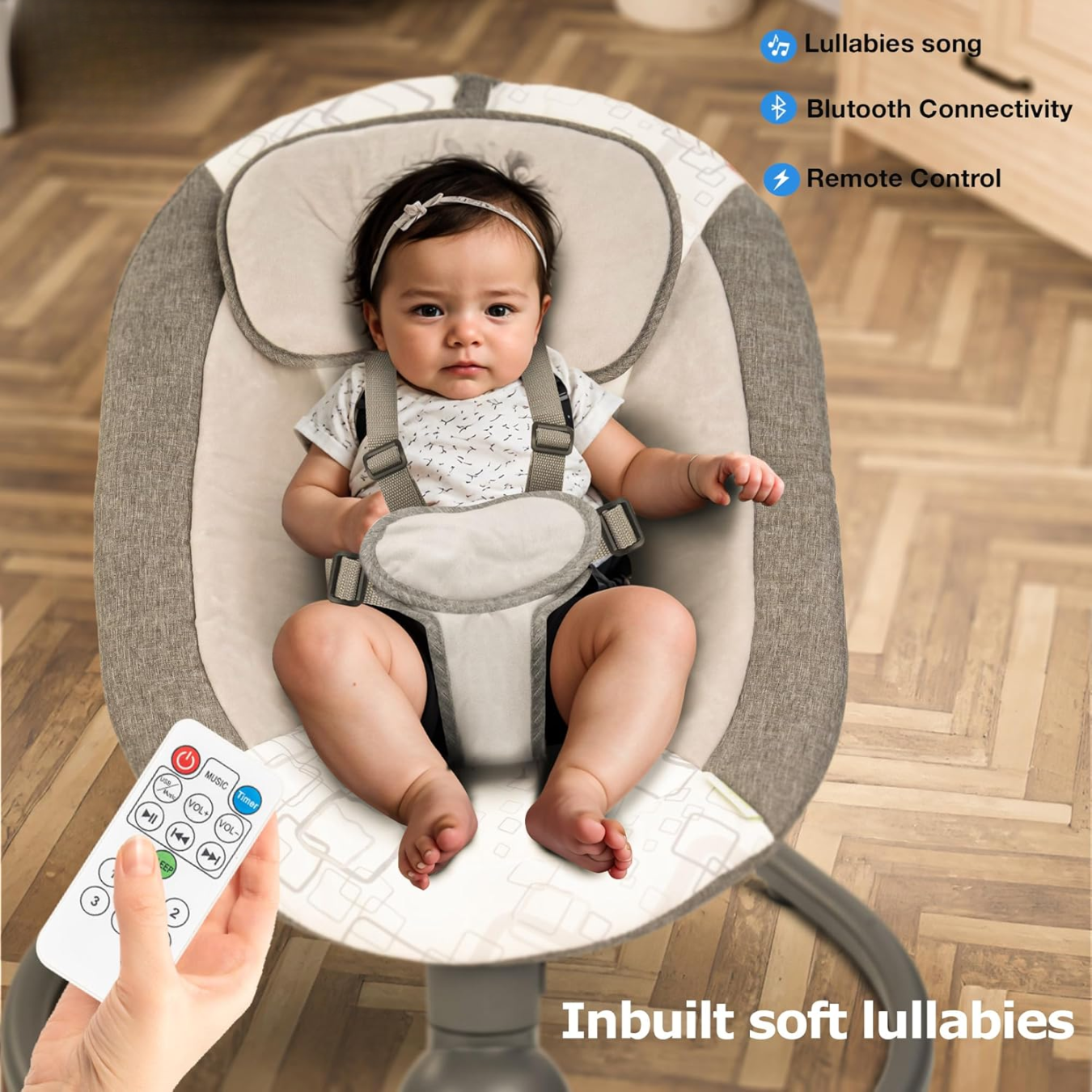 Electric Baby Swing Cradle | Remote, Bluetooth Music, Adjustable Recline, 5-Point Harness, Mosquito Net & Sunshade