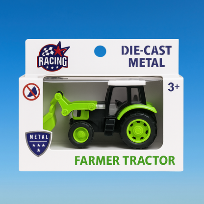 Kids Push and Go Mini Tractor Toy with Front Loader, Green and Black (Metal)