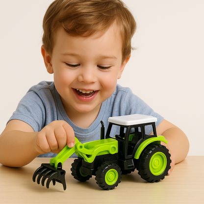 Kids Push and Go Mini Tractor Toy with Front Loader, Green and Black (Metal)