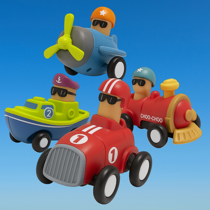 Push and Go Vehicle Toys Set, 4 Pieces with Race Car, Airplane, Boat and Train