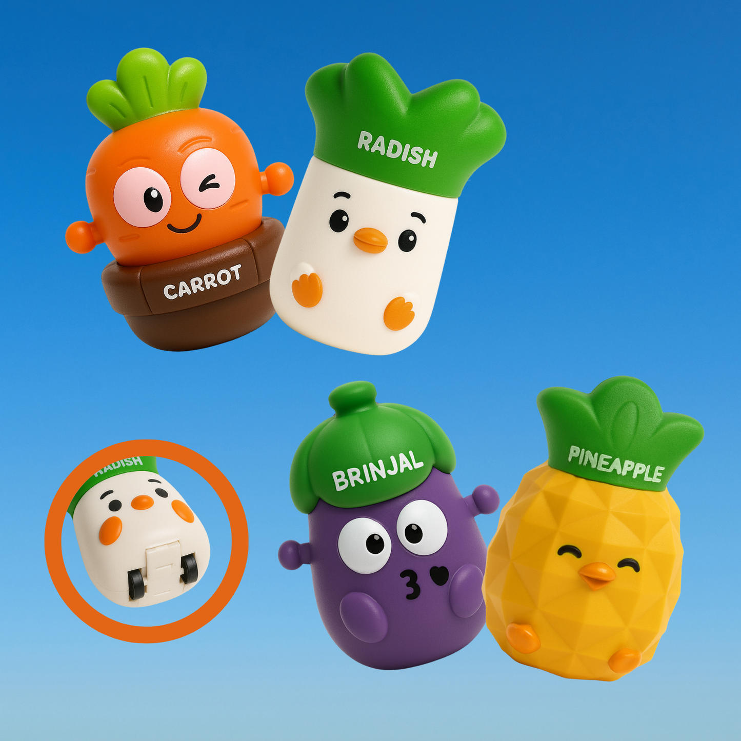 Push and Go Vegetable Toys Set, 4 Friction-Powered Characters Toys