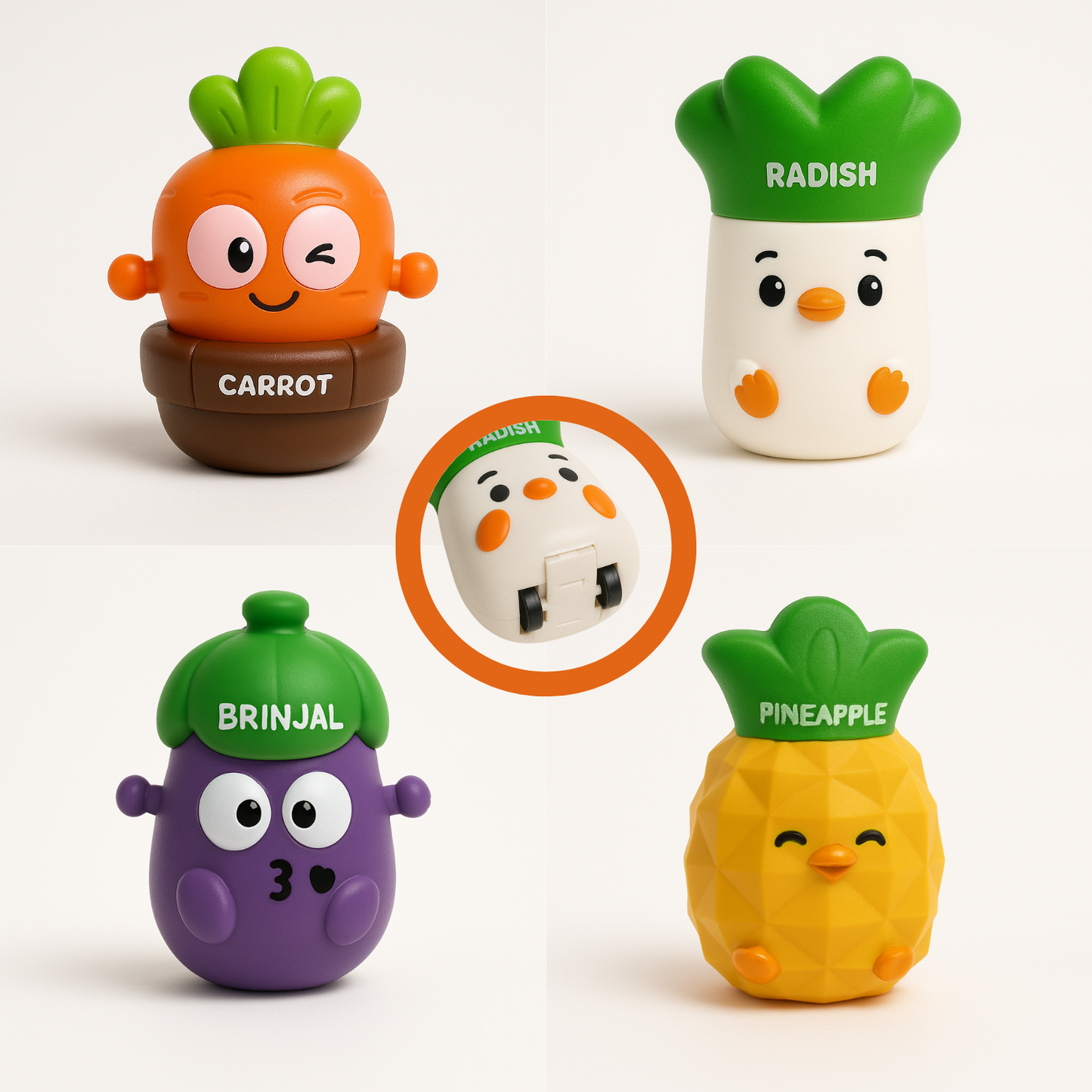 Push and Go Vegetable Toys Set, 4 Friction-Powered Characters Toys