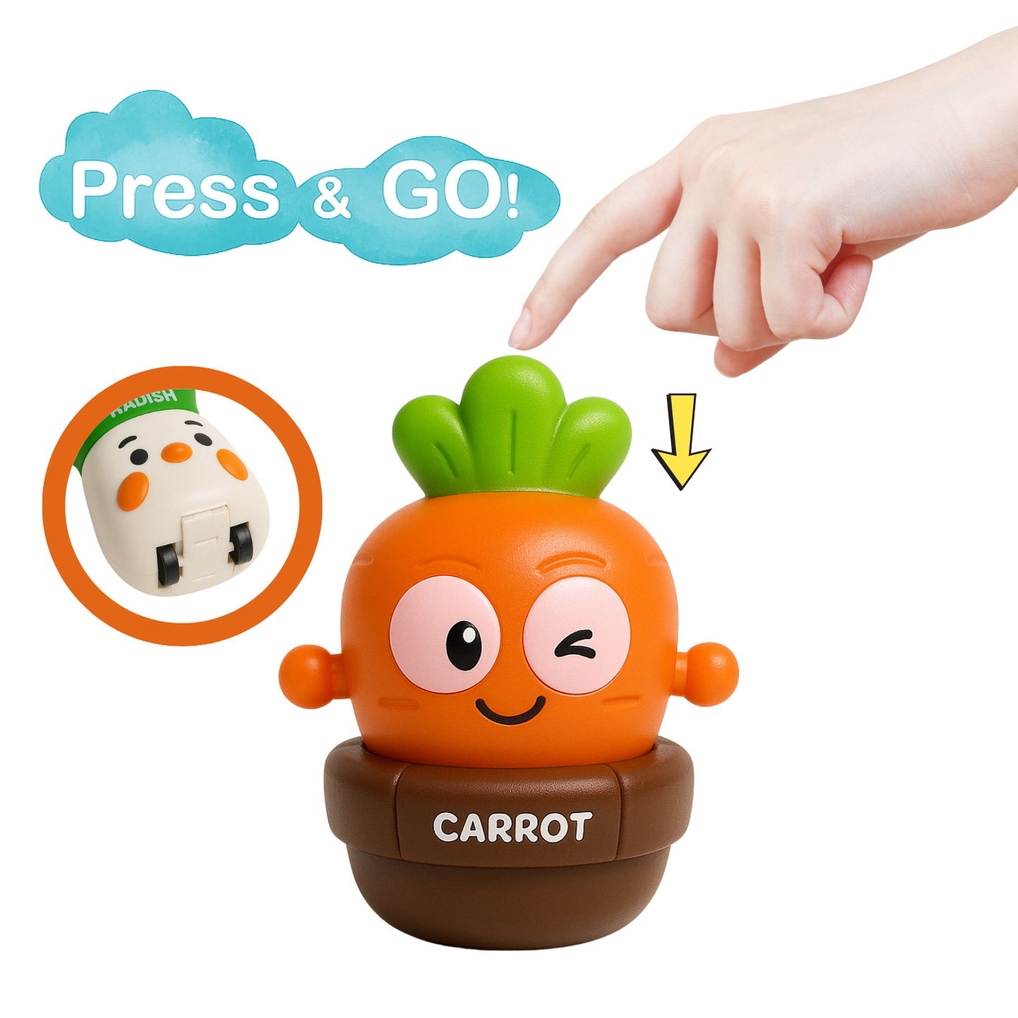 Push and Go Vegetable Toys Set, 4 Friction-Powered Characters Toys