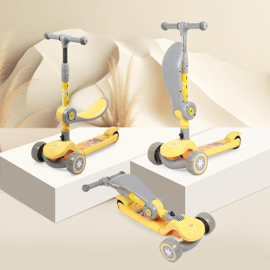 3-Wheel Folding Kick Scooter with Adjustable Height, Non-Slip Deck & Flashing Wheels – for Kids 2–12 Years (Yellow & Grey)