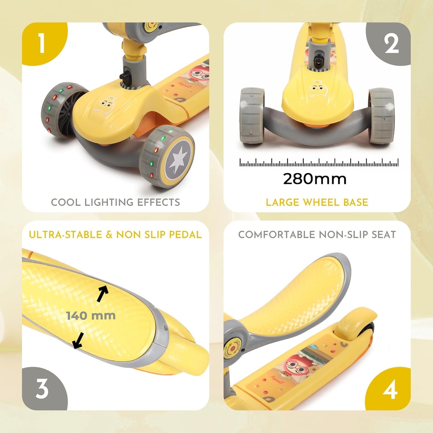3-Wheel Folding Kick Scooter with Adjustable Height, Non-Slip Deck & Flashing Wheels – for Kids 2–12 Years (Yellow & Grey)