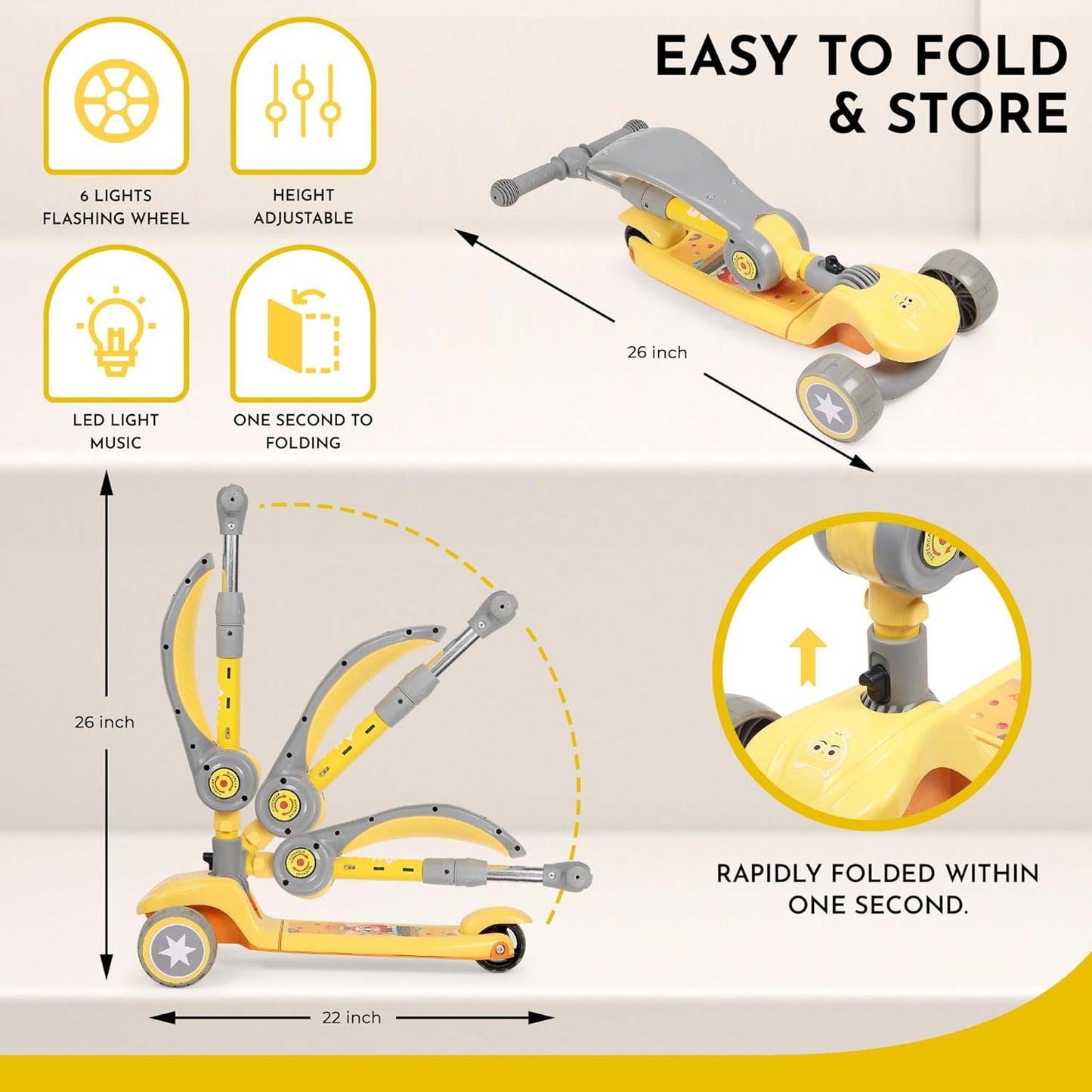 3-Wheel Folding Kick Scooter with Adjustable Height, Non-Slip Deck & Flashing Wheels – for Kids 2–12 Years (Yellow & Grey)