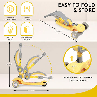 3-Wheel Folding Kick Scooter with Adjustable Height, Non-Slip Deck & Flashing Wheels – for Kids 2–12 Years (Yellow & Grey)